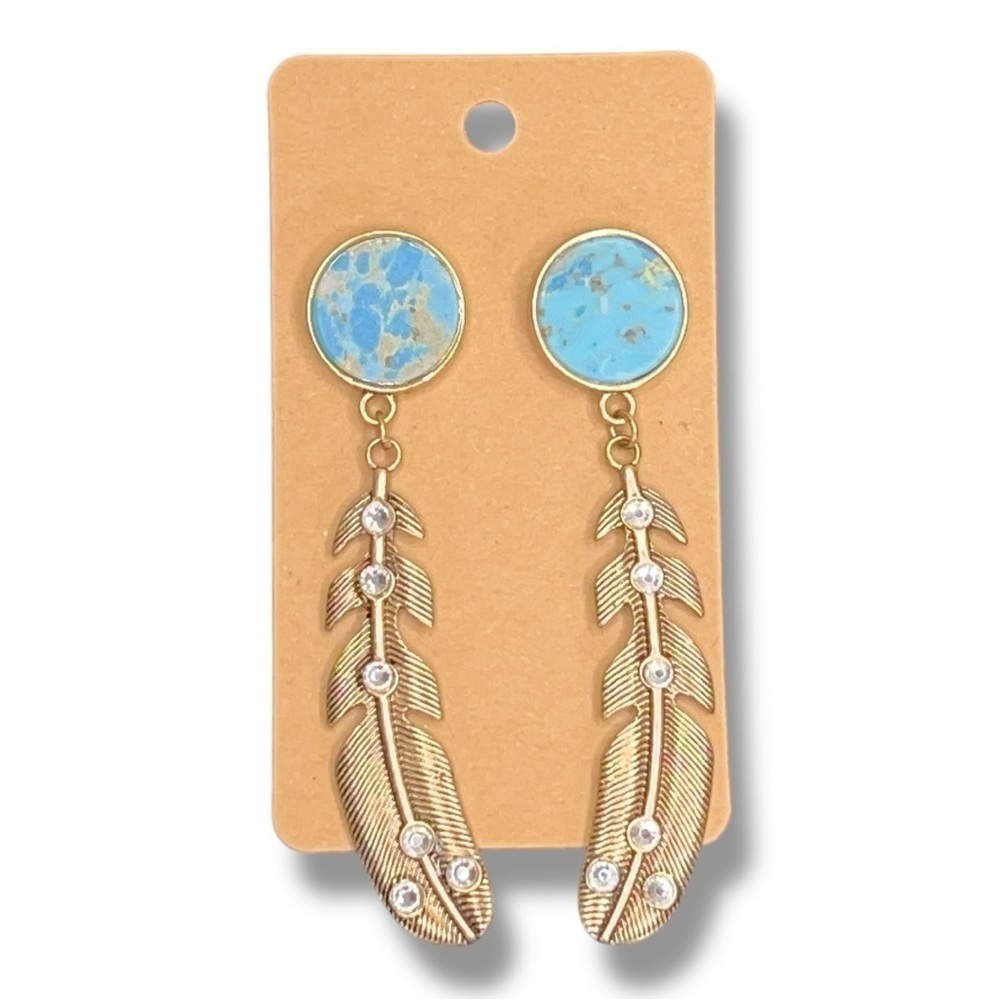Boho Earrings Gold Teal Feather Rhinestone Bohemian